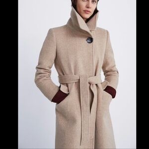 Zara Beige Belted Wool-Blend Coat with High Collar